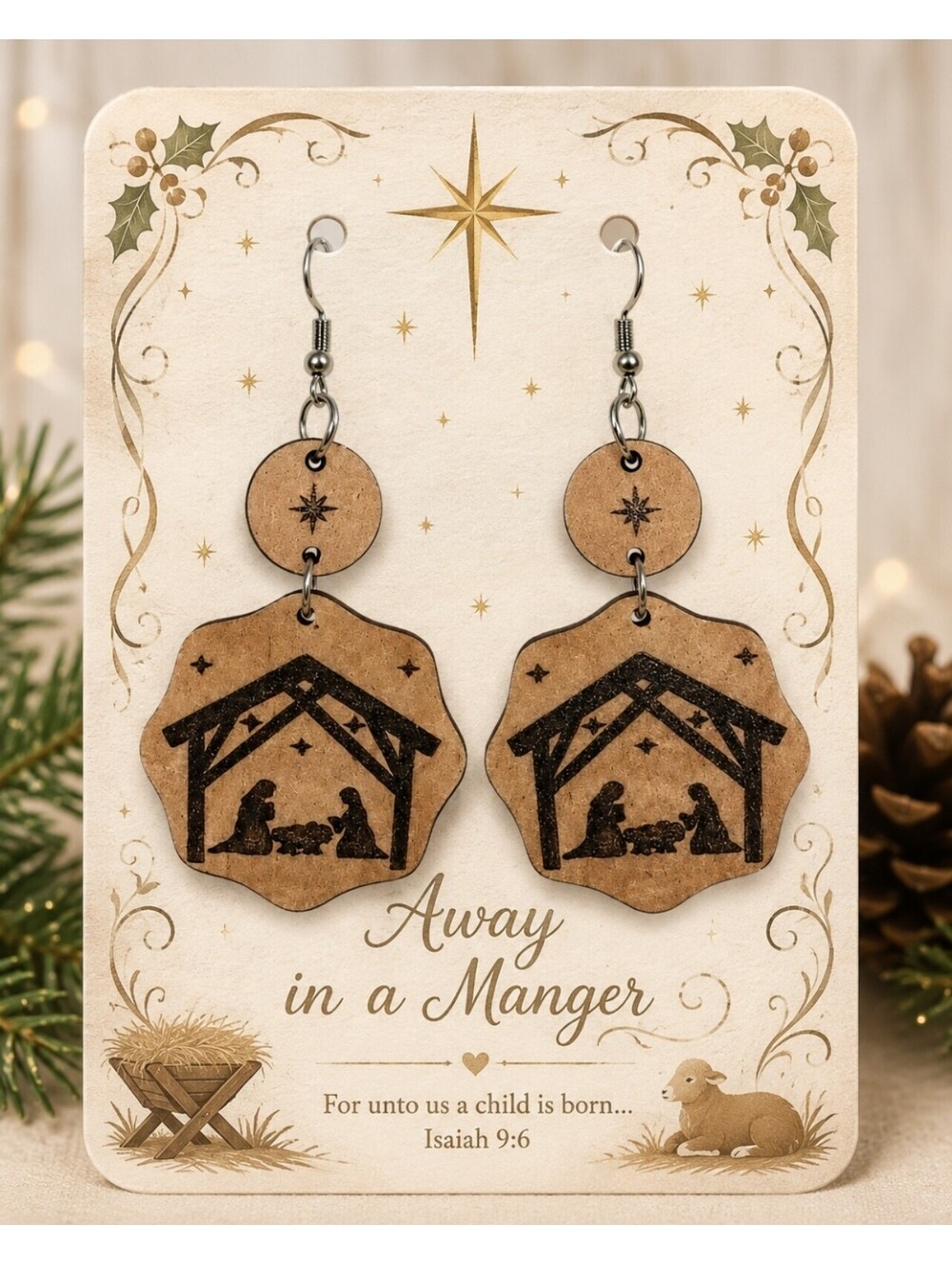 Away in a Manger Nativity Scene Christmas Dangle Drop Wood Earrings